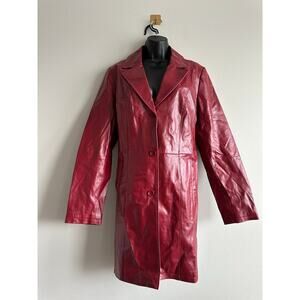 Vintage 90s Oxblood Red Leather Trench Coat Tailored Long Jacket Size 12 Tall